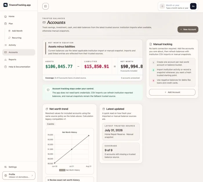 Accounts with assets, debts, net worth, confirmed balance dates, and a net-worth trend.